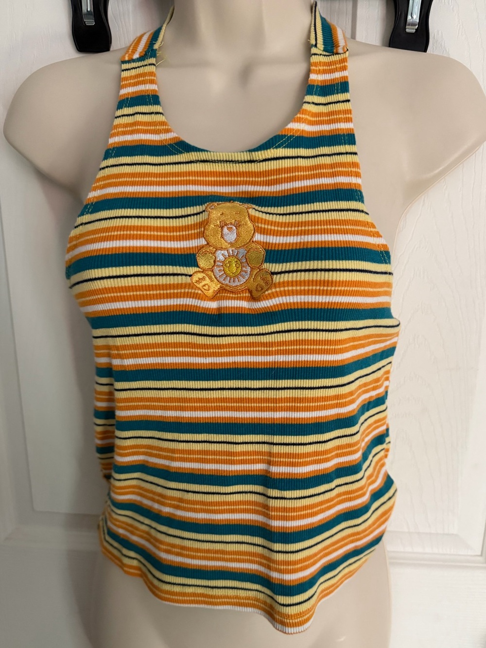 Striped Halter Tank Top with CareBear Patch - Yellow Multi -Size Large